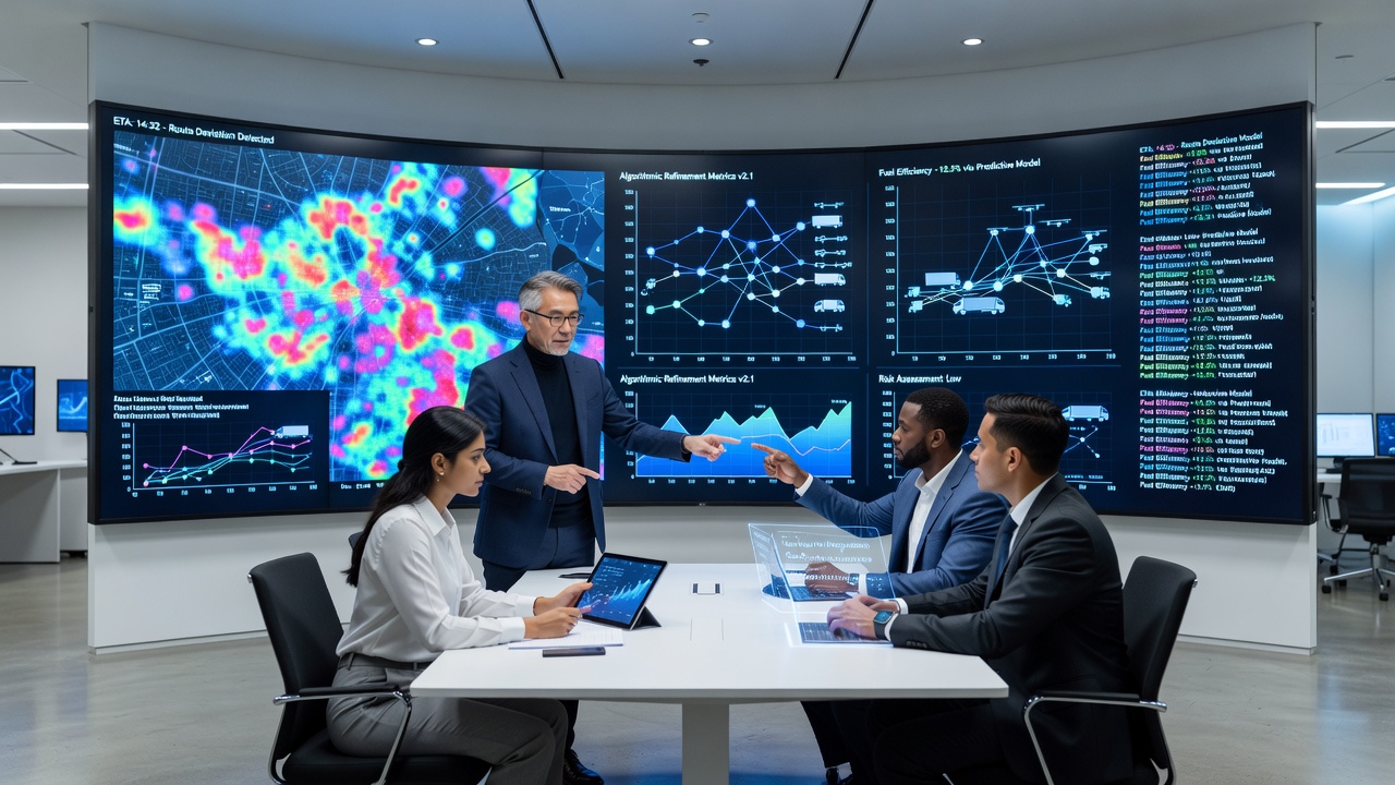 Logistics team reviewing refined algorithmic outputs on specialized analytics platforms for transportation networks